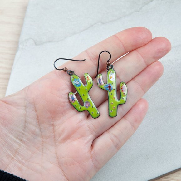 Handmade Copper Enamel Cactus Earrings Hand Crafted Artisan Vitreous Enamel - Picture 3 of 9